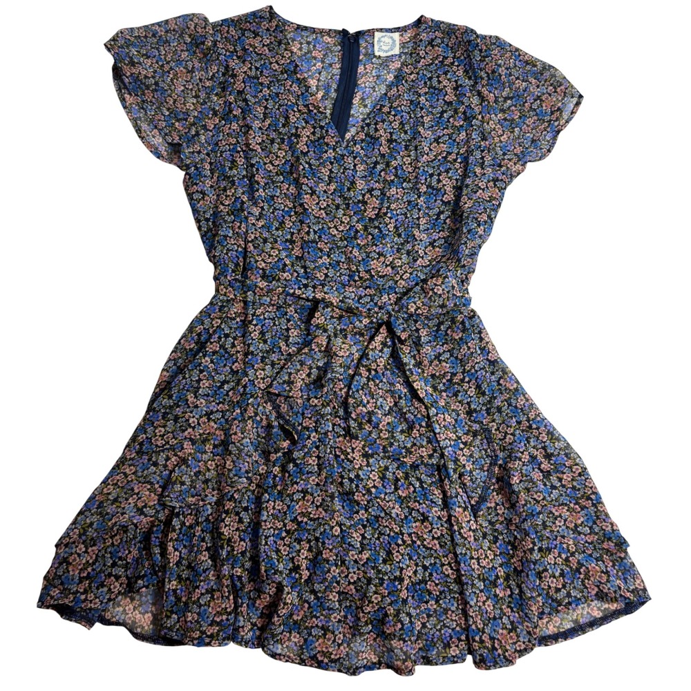 Blue Rain Floral Mini Dress Womens Navy Excellent Ruffle Tie Waist XL MELINY D55